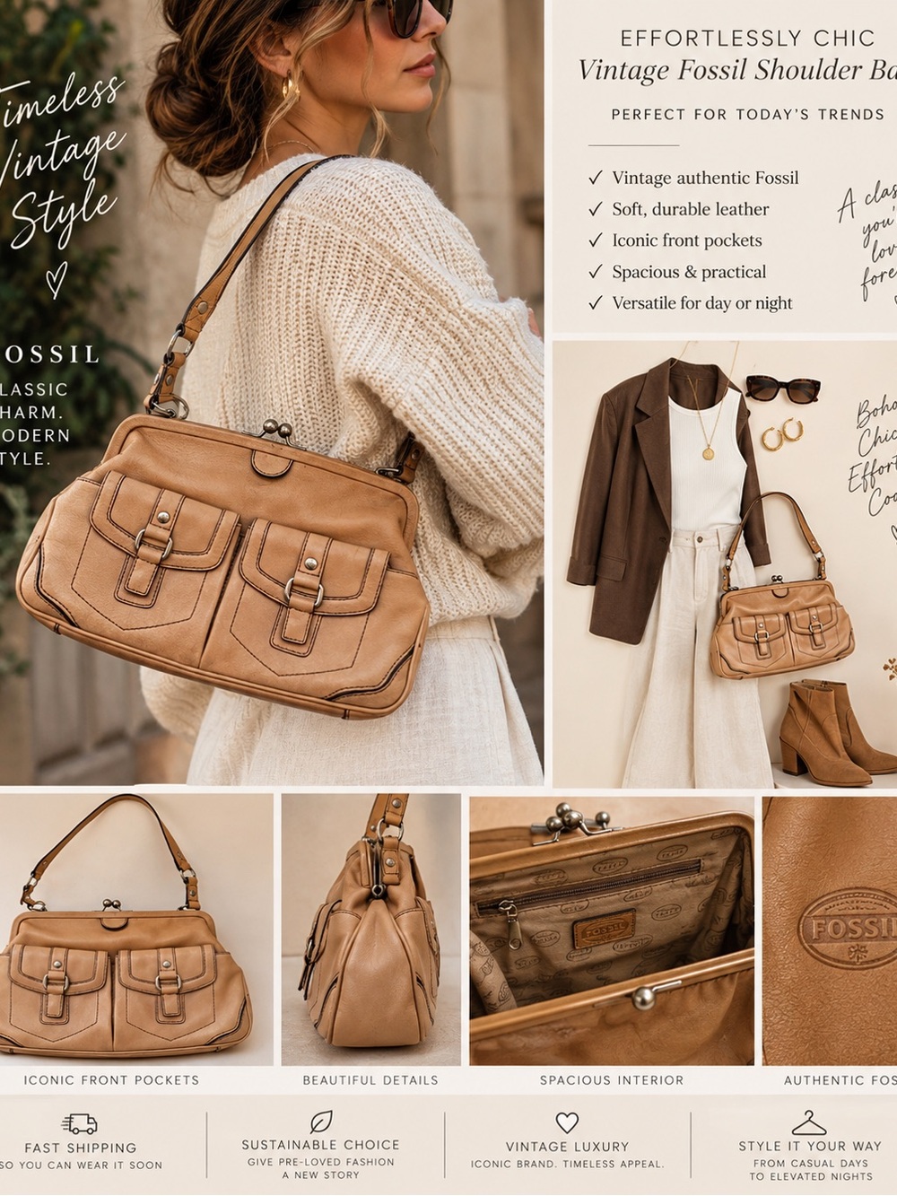 “RARE” Fossil Classic Leather Shoulder Bag in Tan